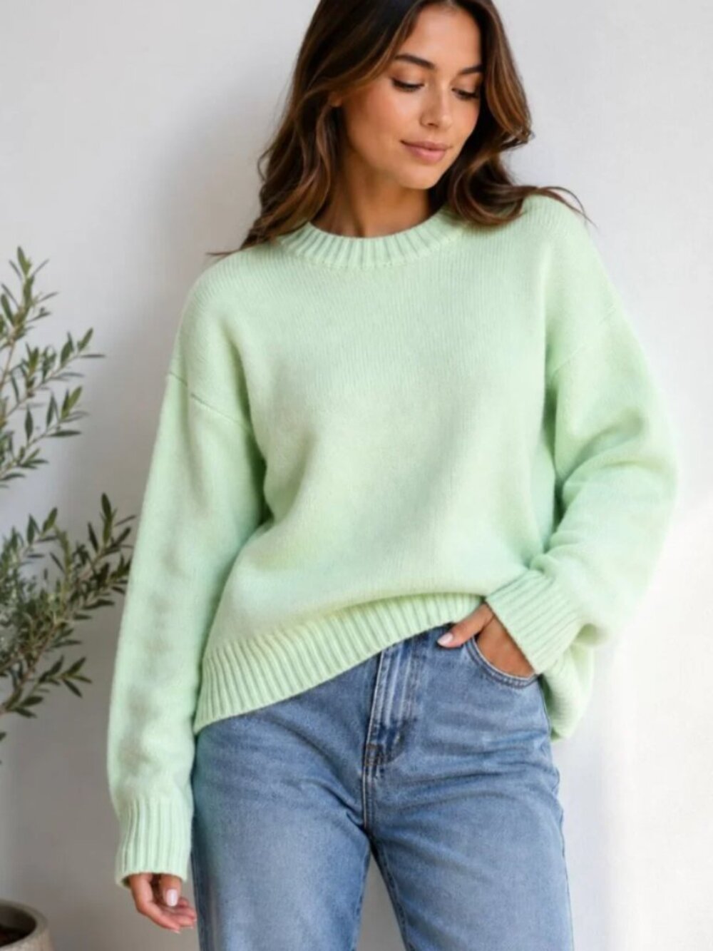 Women’s Mint Green Crewneck Knit Sweater Balloon Sleeve Pullover